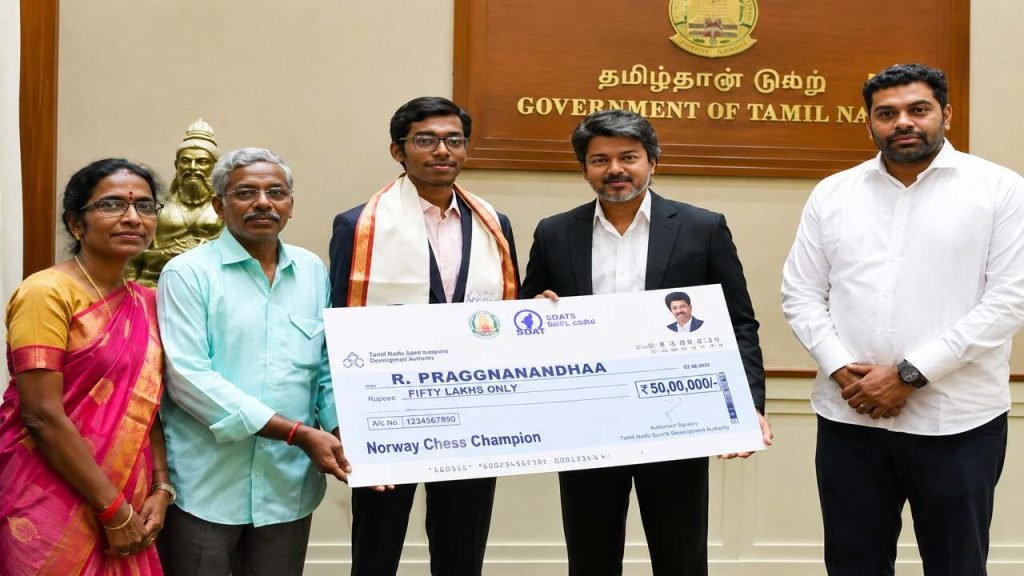 Tamil Nadu CM Vijay Honors Chess Star: ప్రజ్ఞానంద విజయానికి రాష్ట్ర సత్కారం.. రూ.50 లక్షల బహుమతి అందజేసిన సీఎం విజయ్