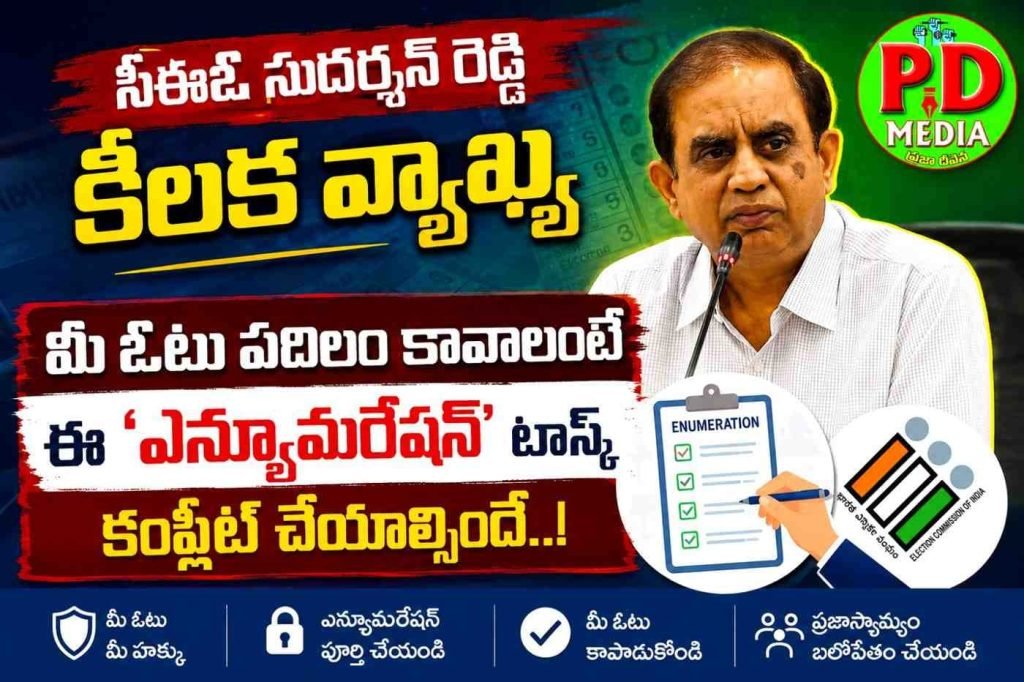 Telangana CEO Sudarshan Reddy  : సీఈఓ సుదర్శన్ రెడ్డి కీలక వ్యా ఖ్య, మీ ఓటు పదిలం కావాలoటే ఈ ‘ఎన్యూమరేషన్’ టాస్క్ కంప్లీ ట్ చేయాల్సిందే